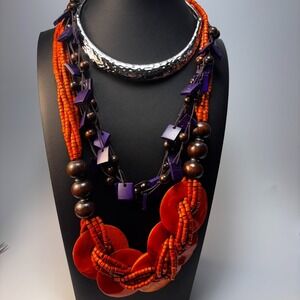 Multi-Strand Statement Necklace Orange Purple Brown Boho Beaded Shell Eclectic